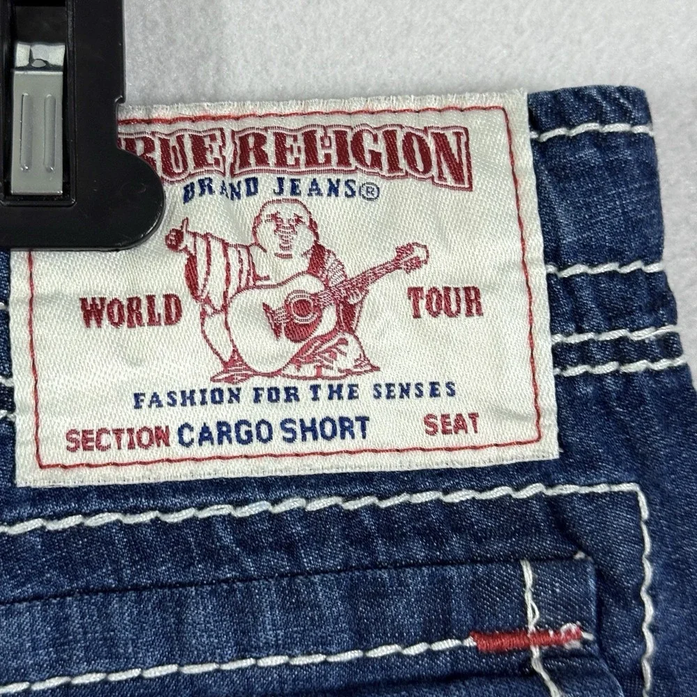 True Religion Cargo Shorts Men 36 Big T Red Stitch Denim Cut Off Drawstring Jean
